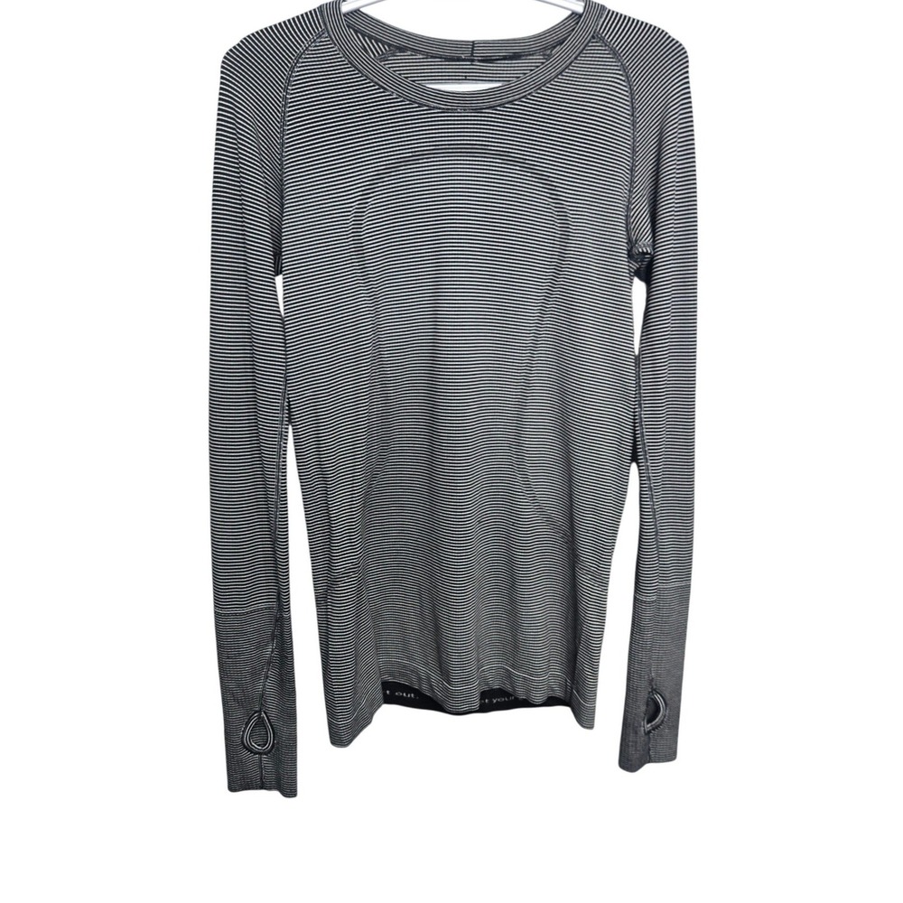 Lululemon Swiftly Tech Long Sleeve Women Size 8 Black White Striped Thumbholes‎